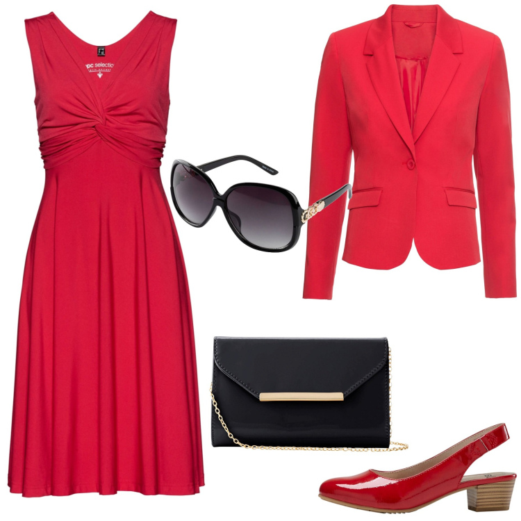 Outfit donna - Evento Aprile. Stile Chic per Cerimonia. Abbinamento con décolleté, occhiali da sole, vestiti, blazer, pochette.