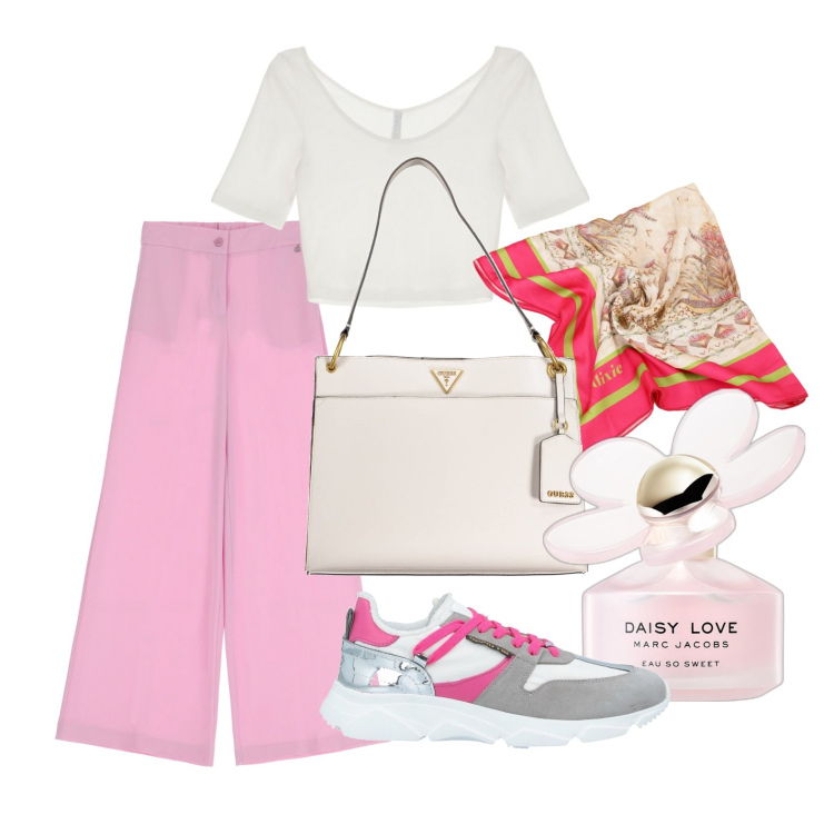 Outfit donna - Al vivaio. Stile Trendy per Tutti i giorni. Abbinamento con sneakers, profumi, t-shirt, foulard, pantaloni, borse a spalla.