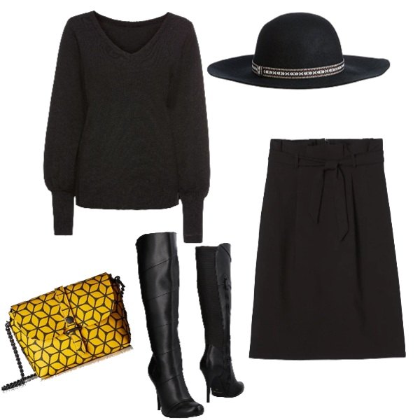 Outfit donna - Stivali e cappello. Stile Urban per Tutti i giorni. Abbinamento con maglieria, stivali con tacco spillo e zip a punta in pelle sintetica jersey, gonna al ginocchio con cintura e zip con spacco laterale nero, shopping bag nero e multicolore, cappelli.
