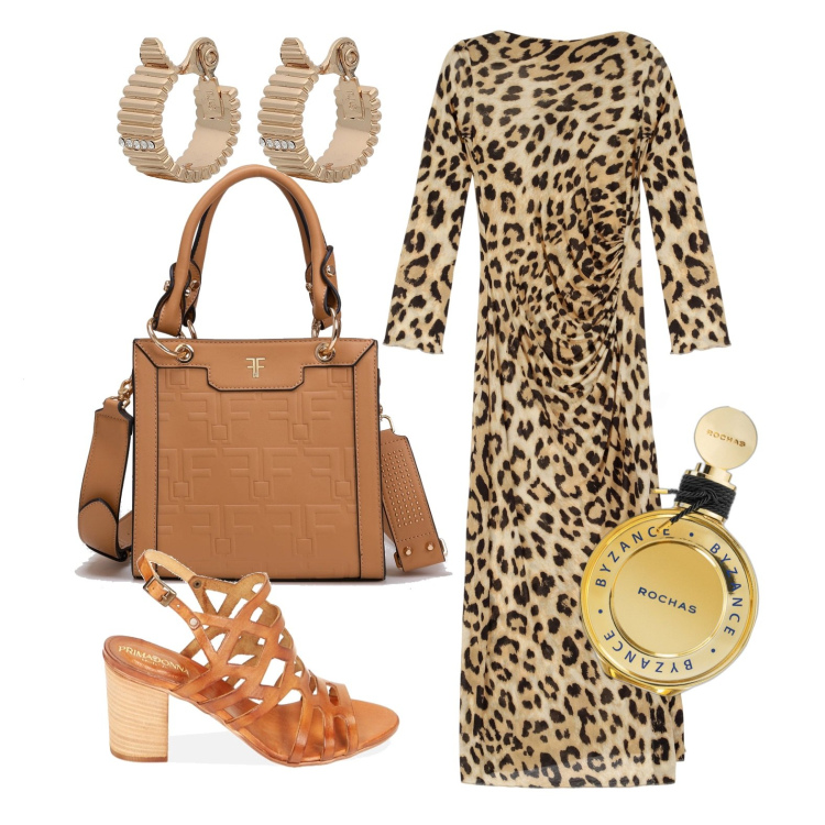 Outfit donna - Caffè in centro. Stile Glamour per Tutti i giorni. Abbinamento con orecchini, profumi, borse tote, sandali col tacco, vestiti midi/longuette.
