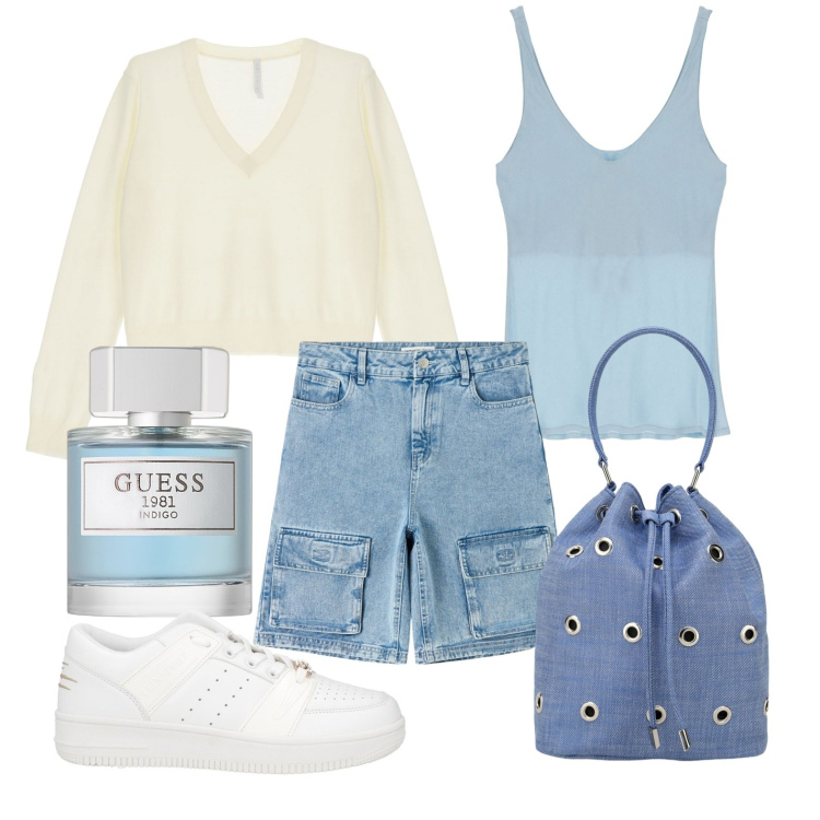 Outfit donna - Pomeriggio al mare. Stile Casual per Mare. Abbinamento con sneakers, profumi, bermuda, pullovers, canottiere, borse a secchiello.