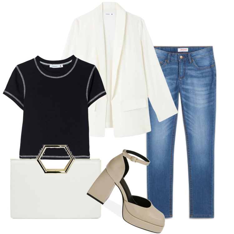 Outfit donna - Bianco&Nero e denim. Stile Casual chic per Tutti i giorni. Abbinamento con jeans skinny, t-shirt, blazer, décolleté, borse a mano.