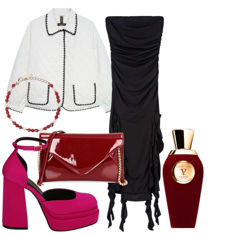 Outfit donna - Appassionata. Stile Chic per Serata fuori. Abbinamento con profumi, vestiti, braccialetti, décolleté, pochette, giacche.
