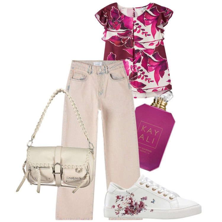 Outfit donna - Dalia fucsia. Stile Basic per Tutti i giorni. Abbinamento con sneakers, profumi, bluse, jeans, borse a spalla.