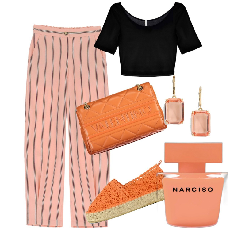 Outfit donna - Narciso for me. Stile Bon Ton per Tutti i giorni. Abbinamento con profumi, t-shirt, orecchini, pantaloni, espadrillas, borse a spalla.