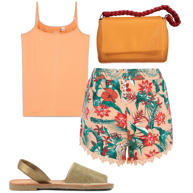 Outfit donna - Mare. Stile Casual per Tutti i giorni. Abbinamento con shorts, top, sandali in pelle, borse a spalla.