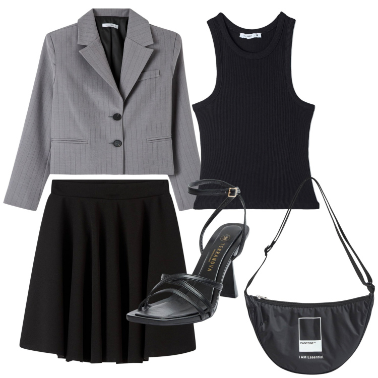 Outfit donna - Domenica in centro. Stile Casual chic per Tutti i giorni. Abbinamento con marsupi, gonne, canottiere, sandali col tacco, blazer.