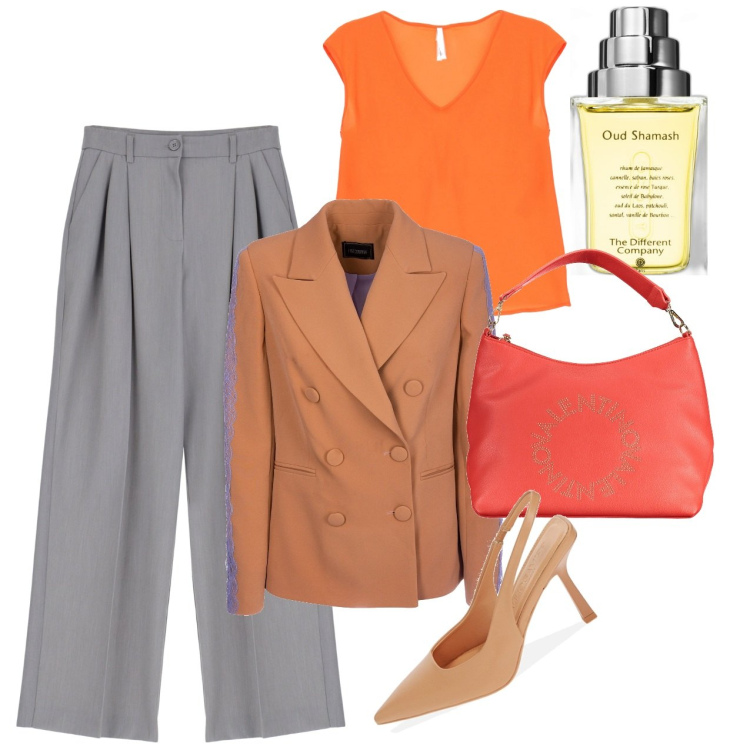 Outfit donna - Doppiopetto terracotta e slingback. Stile Chic per Ufficio. Abbinamento con profumi, blazer, pantaloni, canottiere, décolleté, borse a spalla.