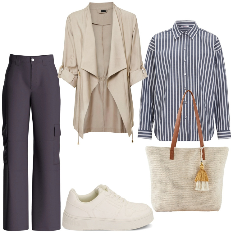 Outfit donna - Stile Basic. Stile Basic per Tutti i giorni. Abbinamento con camicie, blazer, shopping bag, pantaloni cargo, sneakers.