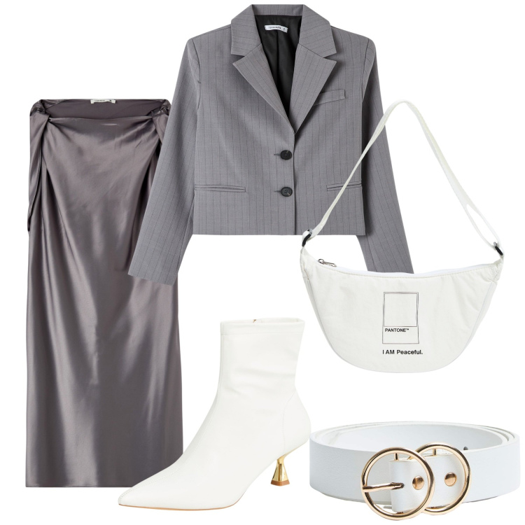 Outfit donna - Grigio e colore. Stile Casual chic per Tutti i giorni. Abbinamento con vestiti corti, marsupi, blazer, stivaletti, cinture.
