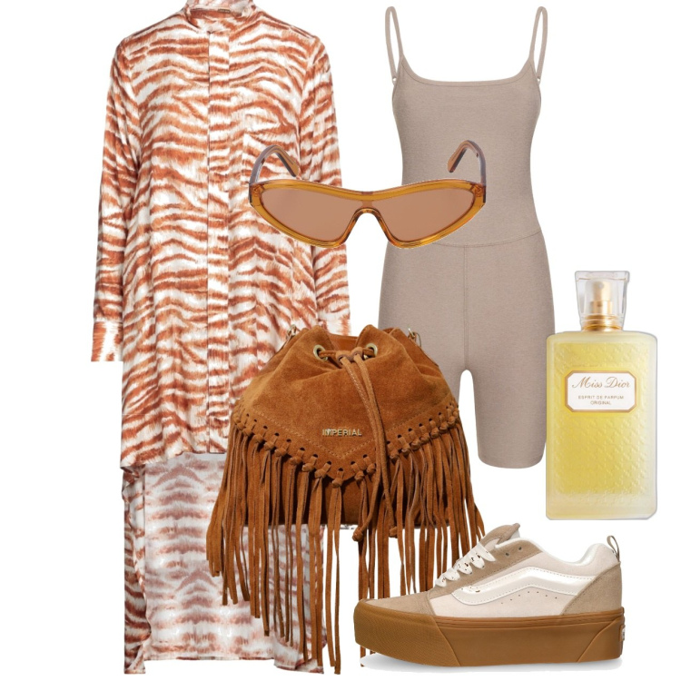 Outfit donna - Yes, I can. Stile Urban per Tutti i giorni. Abbinamento con vestiti corti, profumi, borse a secchiello, tute, sneakers, occhiali da sole.