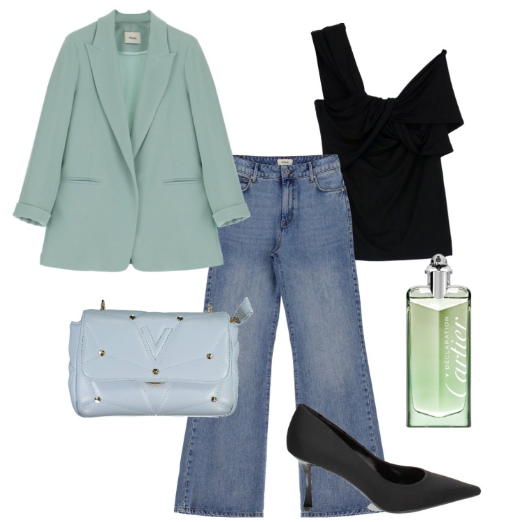Outfit donna - Tonight. Stile Casual chic per Serata fuori. Abbinamento con profumi, top, décolleté, blazer, jeans, borse a tracolla.