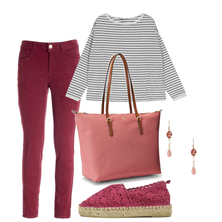 Outfit donna - Sunday. Stile Casual chic per Tutti i giorni. Abbinamento con pantaloni skinny, t-shirt, orecchini, borse tote, espadrillas.