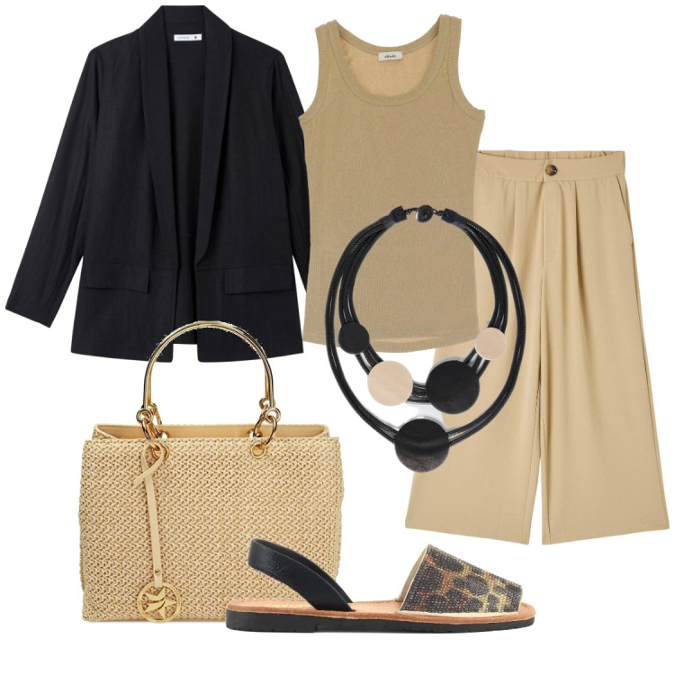Outfit donna - Color avana e nocciola. Stile Casual per Tutti i giorni. Abbinamento con pantaloni a palazzo, blazer, borse a mano, top, sandali in pelle, collane.