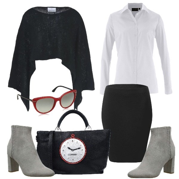 Outfit donna - Pranzo di lavoro. Stile Trendy per Ufficio. Abbinamento con camicie, mantella lavorato a maglia collo tondo a maniche lunghe interno sfoderato in mohair tinta unita, borsa a mano glitter taglia media con zip interno foderato in pelle sintetica tinta unita, stivaletti giallo e grigio, gonna nero, occhiali da sole rosso.