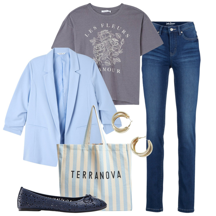 Outfit donna - Basis. Stile Bon Ton per Ufficio. Abbinamento con jeans, ballerine, blazer, t-shirt, borse tote, orecchini.