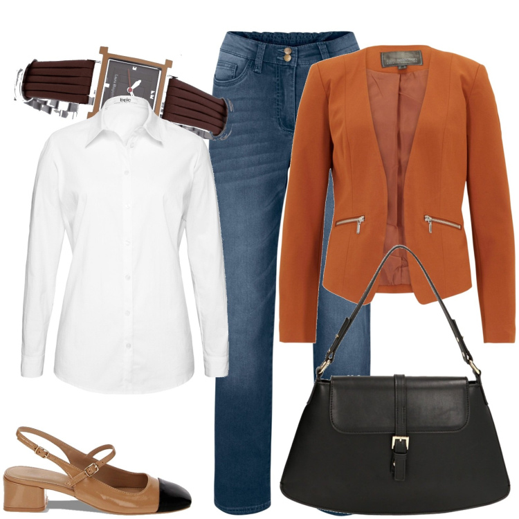 Outfit donna - In ufficio con classe. Stile Casual chic per Tutti i giorni. Abbinamento con camicie, blazer, jeans dritti, orologi, borse a spalla, décolleté.