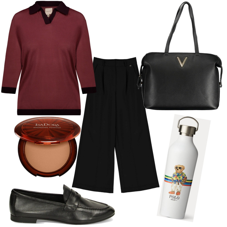 Outfit donna - Ecologica. Stile Bon Ton per Ufficio. Abbinamento con terre, mocassini, anelli, pantaloni a palazzo, borse a spalla, polo.