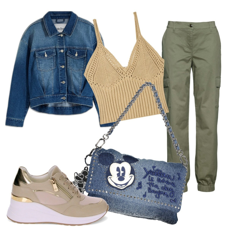 Outfit donna - Trendy. Stile Trendy per Tutti i giorni. Abbinamento con pantaloni cargo, blazer, top, sneakers, borse a spalla.