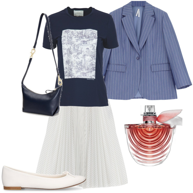 Outfit donna - Chic con t-shirt e ballerine. Stile Chic per Tutti i giorni. Abbinamento con profumi, blazer, gonne longuette, borse a spalla, ballerine, t-shirt.