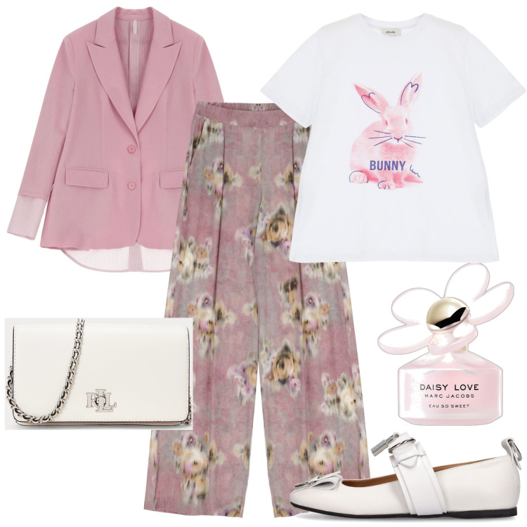 Outfit donna - Bunny rosa. Stile Trendy per Tutti i giorni. Abbinamento con profumi, blazer, pantaloni, t-shirt, borse a mano, ballerine.