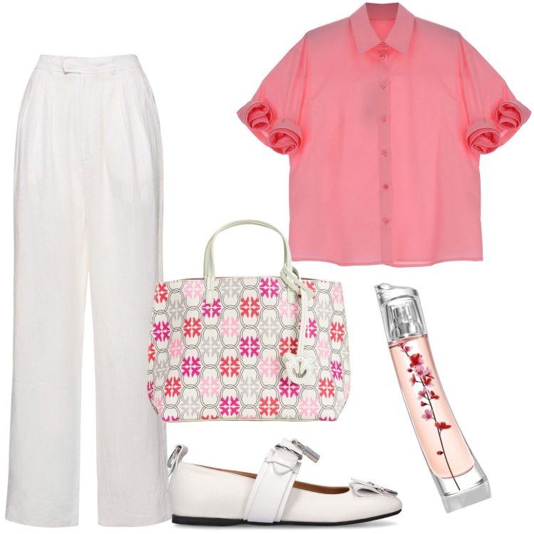 Outfit donna - Giornata di sole. Stile Chic per Tutti i giorni. Abbinamento con profumi, shopping bag, camicie a manica corta, pantaloni, ballerine.