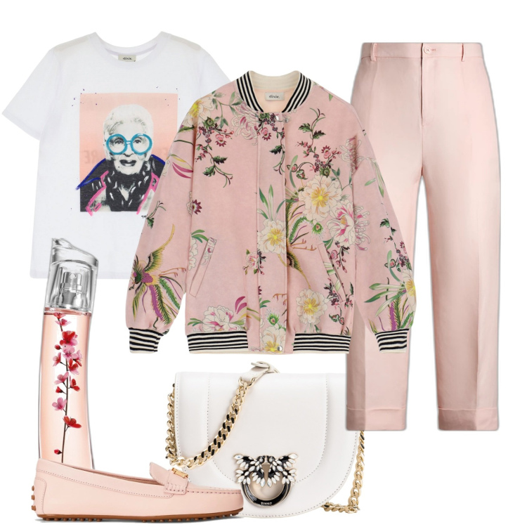 Outfit donna - Pink Lady.. Stile Casual per Tutti i giorni. Abbinamento con profumi, borse a tracolla, t-shirt, blazer, mocassini, pantaloni.