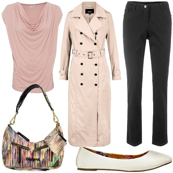Outfit donna - Il trench per la primavera. Stile Glamour per Tutti i giorni. Abbinamento con maglieria, ballerine, pantaloni, trench, borse a spalla.