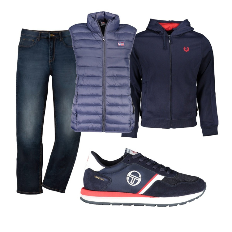 Outfit uomo - Total look #1852742. Stile Casual per Tutti i giorni. Abbinamento con jeans dritti, giacche, felpe con cappuccio, scarpe sportive.