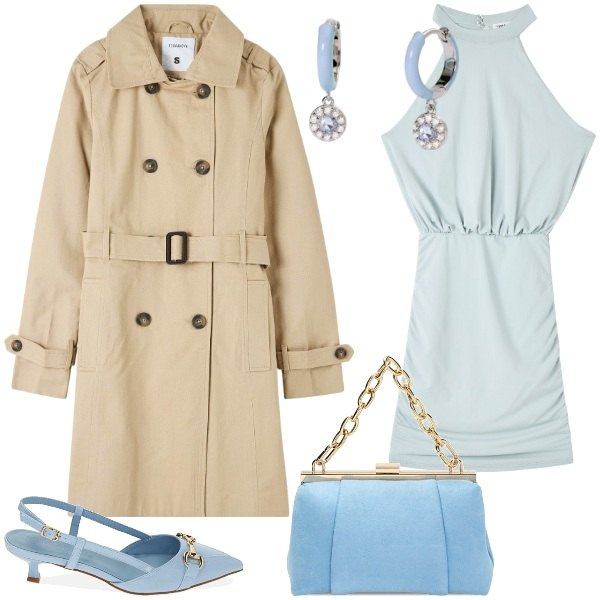 Outfit donna - trench per la primavera. Stile Glamour per Cerimonia. Abbinamento con trench, vestiti corti, orecchini, décolleté, borse a spalla.
