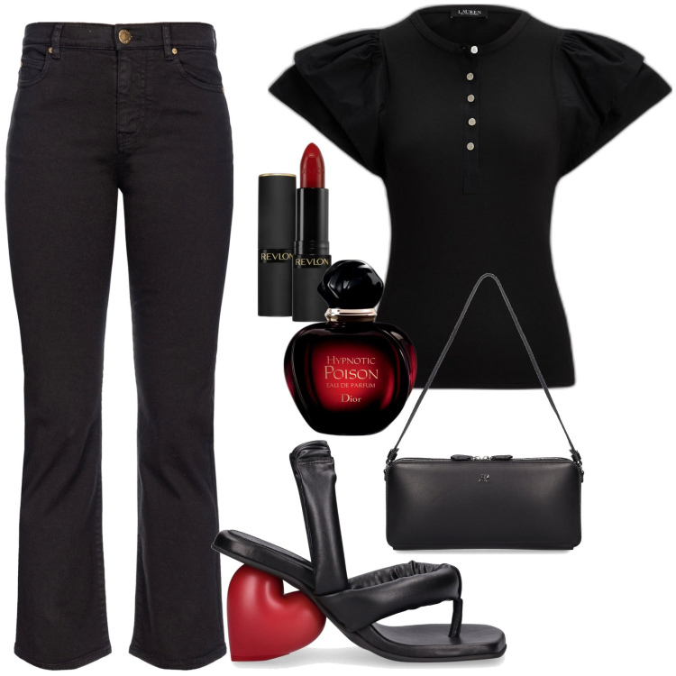 Outfit donna - Per farti notare. Stile Urban per Serata fuori. Abbinamento con profumi, rossetti, pantaloni, t-shirt, sandali in pelle, borse a spalla.