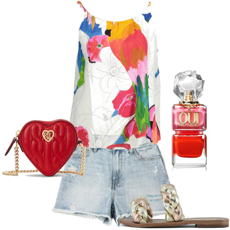 Outfit donna - Sotto il bel sole. Stile Casual per Tutti i giorni. Abbinamento con profumi, shorts, pochette, canottiere, ciabatte.