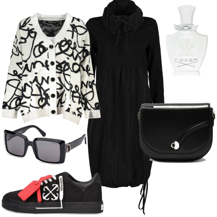Outfit donna - Viaggio ai 5 continenti. Stile Sporty chic per Tutti i giorni. Abbinamento con profumi, sneakers, cardigans, vestiti, occhiali da sole, borse a tracolla.