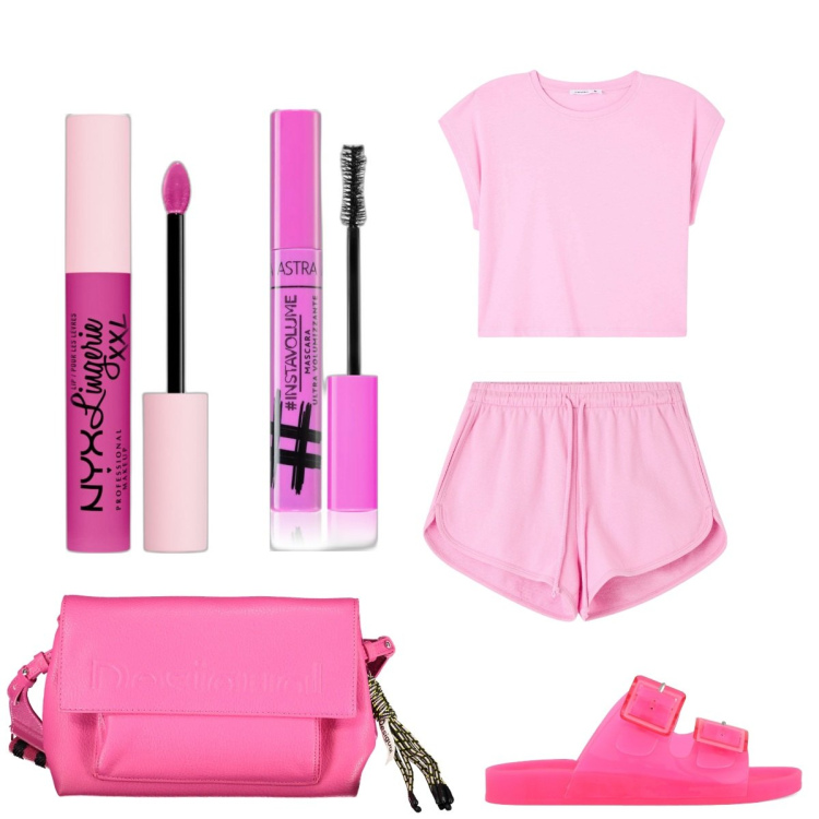 Outfit donna - Outfit rosa. Stile Casual per Tutti i giorni. Abbinamento con mascara, rossetti, t-shirt, shorts, sandali, borse a spalla.