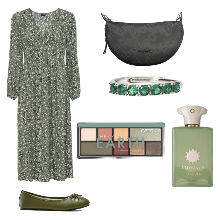 Outfit donna - Verde come la terra. Stile Romantica per Tutti i giorni. Abbinamento con ballerine, vestiti corti, ombretti, profumi, anelli, borse a tracolla.