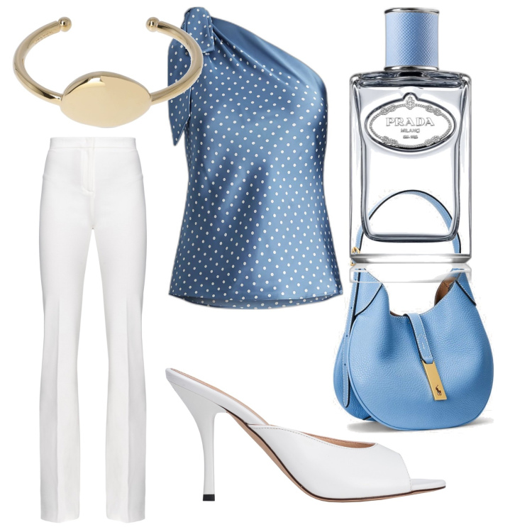 Outfit donna - Di sole e d’azzurro. Stile Glamour per Serata fuori. Abbinamento con profumi, pantaloni, sandali in pelle, borse a spalla, camicie, braccialetti.