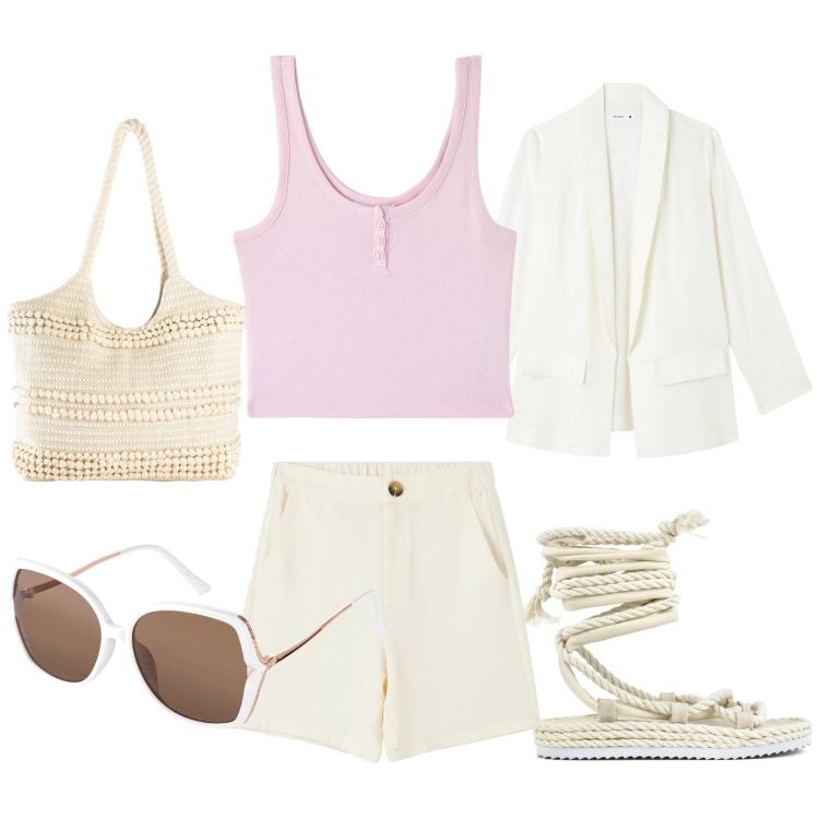 Outfit donna - Rosa pastello. Stile Casual per Tutti i giorni. Abbinamento con occhiali da sole, shopping bag, blazer, bermuda, canottiere, sandali.