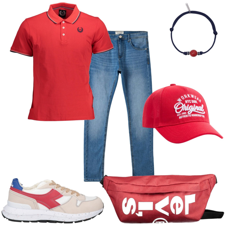 Outfit uomo - Passeggiata in città. Stile Casual per Tutti i giorni. Abbinamento con sneakers, cappelli, jeans skinny, braccialetti, polo, borse sportive.