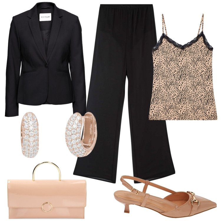 Outfit donna - In città. Stile Chic per Serata fuori. Abbinamento con blazer, pantaloni, canottiere, orecchini, décolleté, pochette.