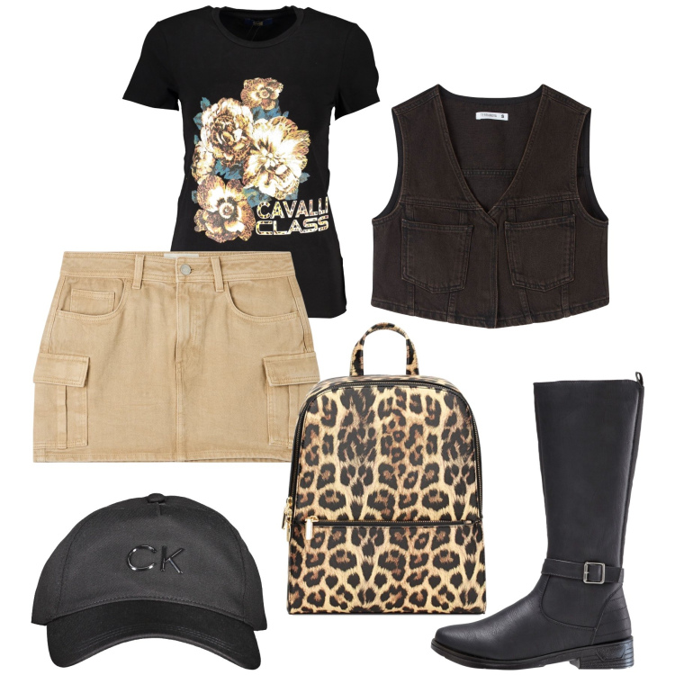 Outfit donna - Minigonna in città. Stile Urban per Tutti i giorni. Abbinamento con stivali, gilet, minigonne, zaini, t-shirt, cappelli con visiera.