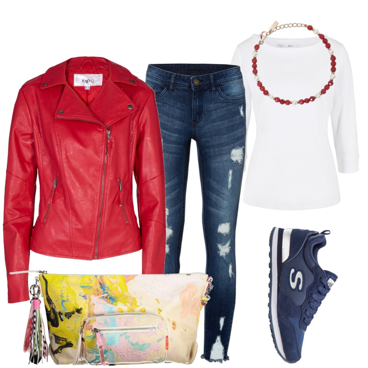 Outfit donna - Rosso primavera. Stile Casual per Tutti i giorni. Abbinamento con maglieria, blazer, sneakers, jeans strappati, braccialetti, borse a tracolla.