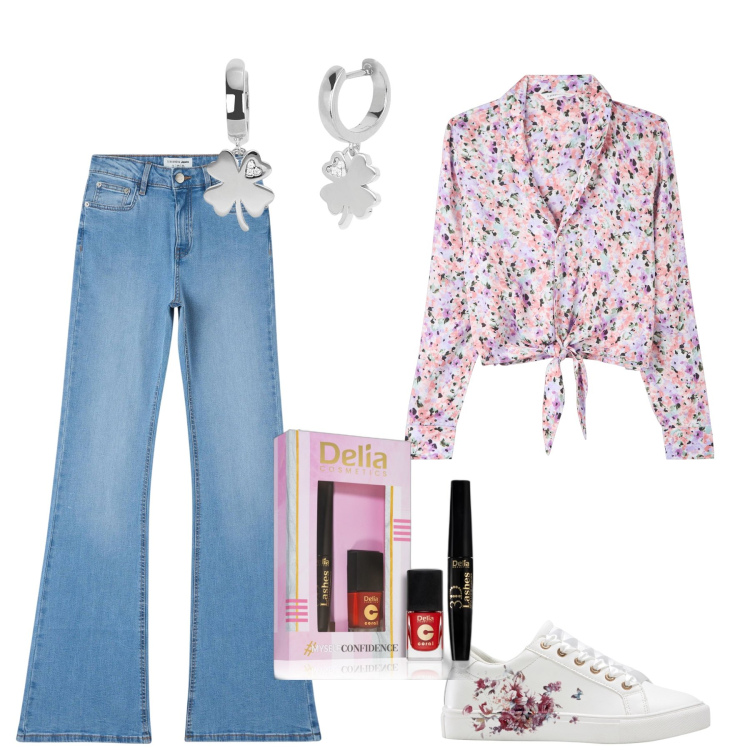 Outfit donna - La blusa annodata. Stile Romantica per Scuola/Università. Abbinamento con sneakers, smalti, camicie, jeans a zampa, orecchini.