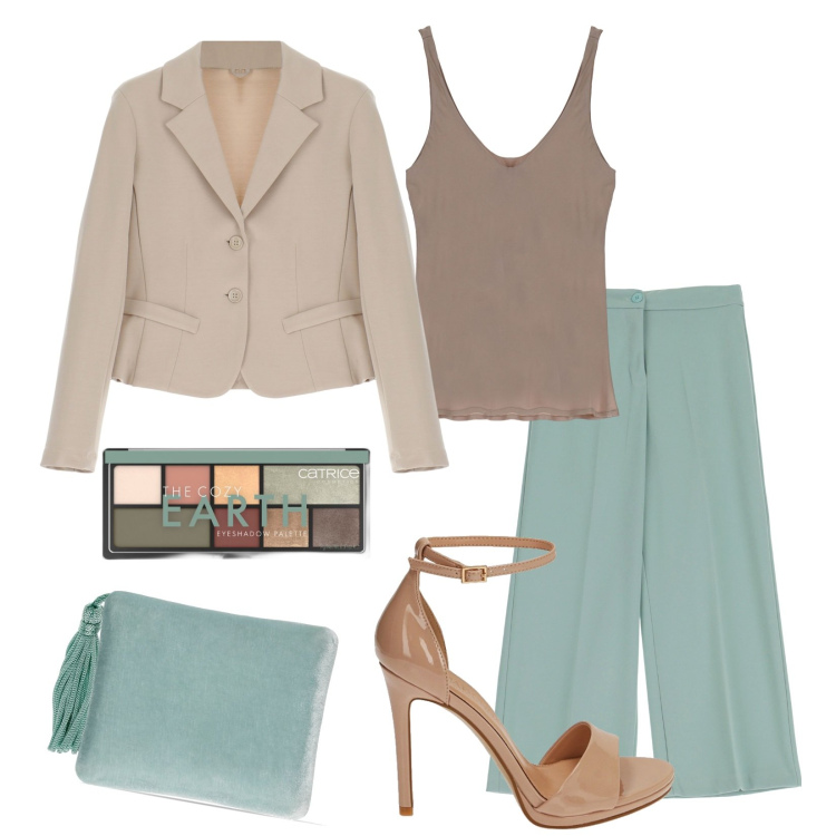 Outfit donna - Verde menta. Stile Trendy per Cerimonia. Abbinamento con ombretti, blazer, sandali col tacco, pantaloni, canottiere, pochette.