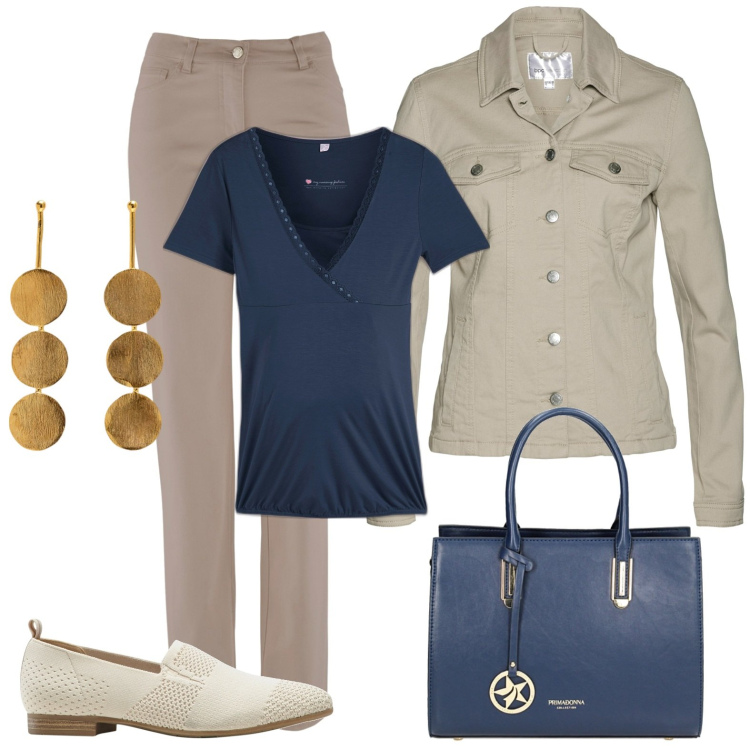 Outfit donna - Elegante blu e beige. Stile Casual chic per Tutti i giorni. Abbinamento con blazer, pantaloni, maglieria, mocassini, borse a mano, orecchini.