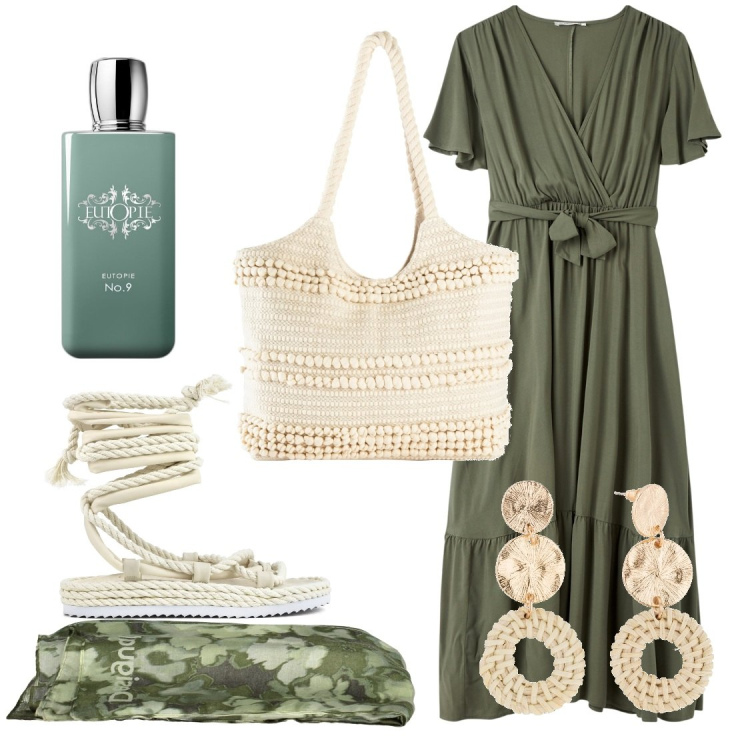 Outfit donna - Si avvicina l\'estate. Stile Casual per Tutti i giorni. Abbinamento con orecchini, shopping bag, profumi, vestiti lunghi, sandali, foulard.