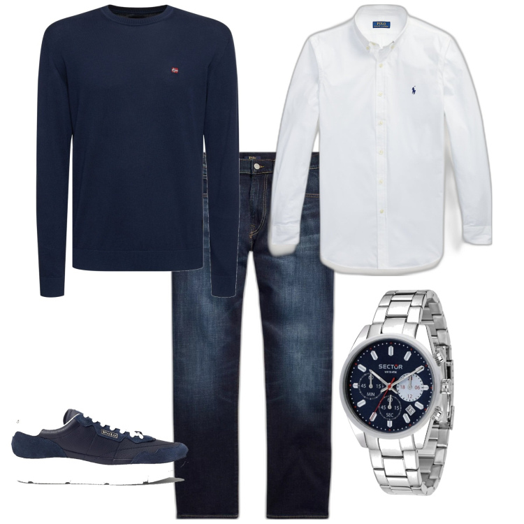 Outfit uomo - Casual tempo libero. Stile Casual per Tutti i giorni. Abbinamento con orologi, jeans dritti, camicie, sneakers, pullovers.
