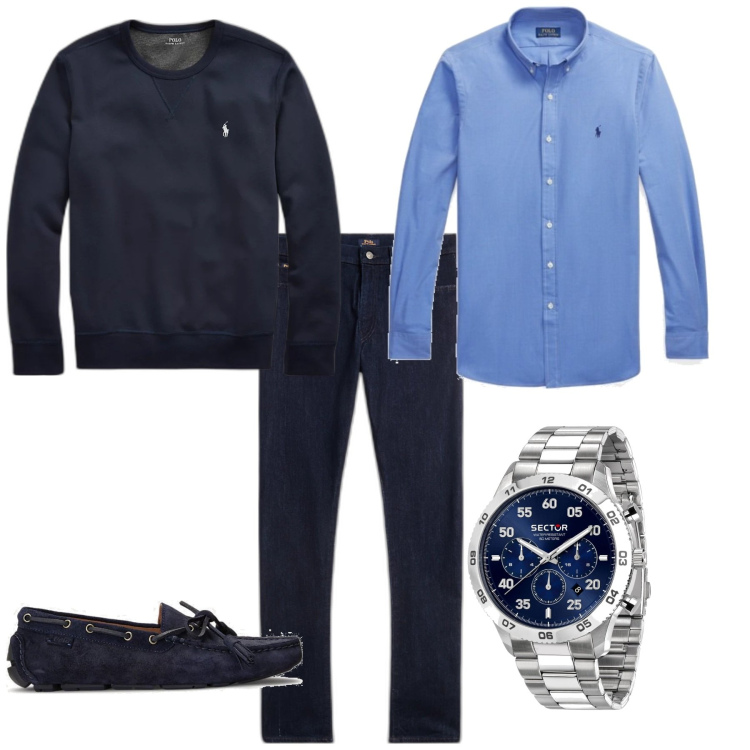 Outfit uomo - Casual per l ufficio. Stile Casual per Ufficio. Abbinamento con orologi, scarpe stringate, felpe, camicie, jeans.