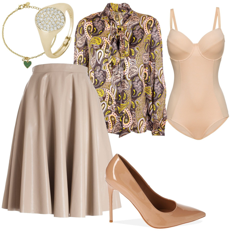 Outfit donna - Gonna stile retrò. Stile Chic per Tutti i giorni. Abbinamento con body, anelli, braccialetti con ciondoli, gonne longuette, bluse, décolleté.