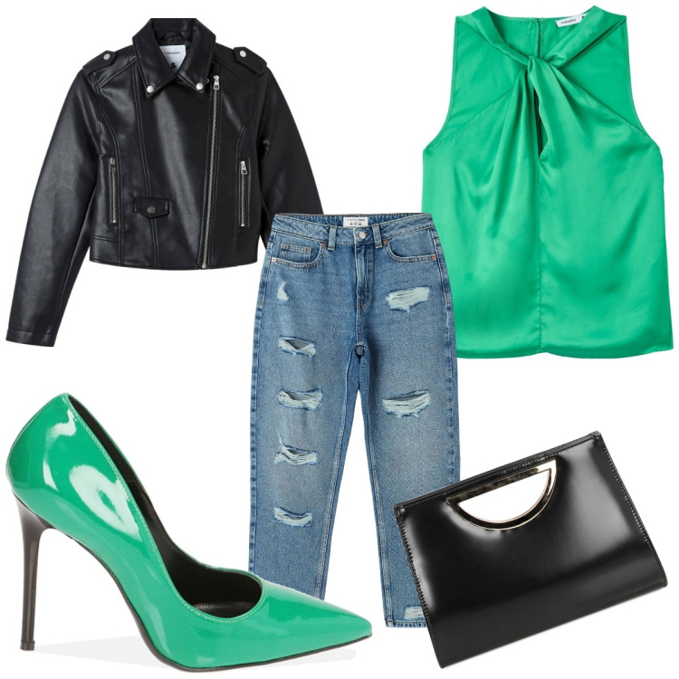 Outfit donna - Total look #1852929. Stile Casual chic per Tutti i giorni. Abbinamento con jeans mom, top, giacche, décolleté, pochette.