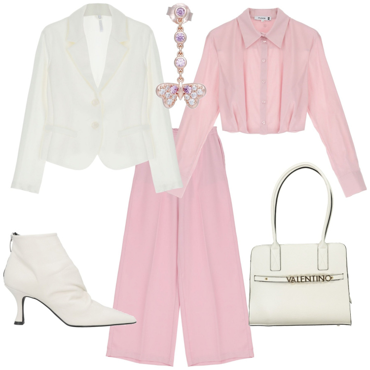 Outfit donna - Chic cerimonia battesimo evento. Stile Chic per Cerimonia. Abbinamento con stivaletti, orecchini, camicie, pantaloni a palazzo, blazer, borse a spalla.